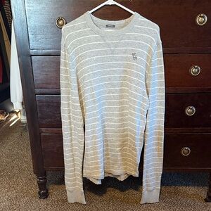 VINTAGE Abercrombie & Fitch Men's Gray and White Striped Long Sleeve Tee Large